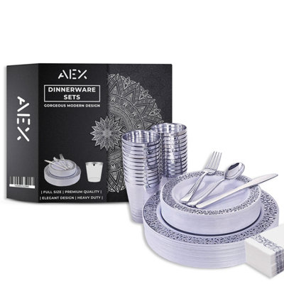 AEX 175 Piece Dinnerware Set for 25 Guests Rim Design Plates Cups ...