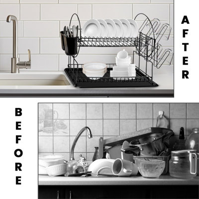 AEX 2 Tier Black Dish Drainer Rack Stainless Steel with Drip Tray ...