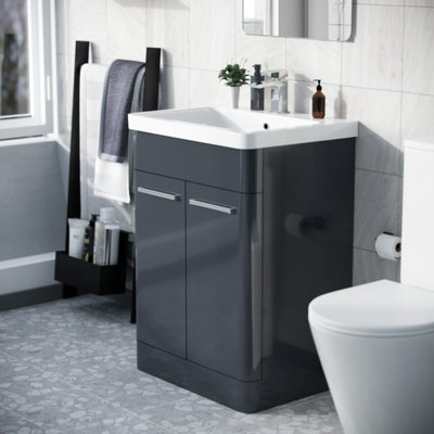 Afern 600mm Vanity Unit Cabinet MDF & Wash Ceramic Basin Anthracite - Flat Pack