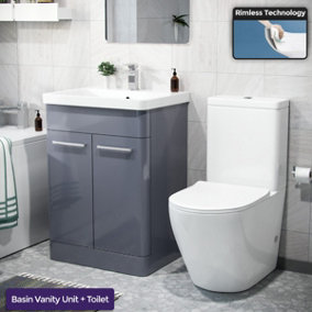 Afern Freestanding Vanity Unit Curved Rimless Close Coupled Toilet Steel Grey