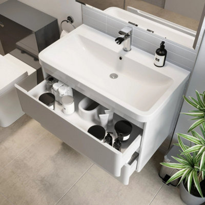 30-Inch Wall-Mounted Bathroom Vanity With Sink – Modern Floating Design With 2 Drawers & Side Shelf, White Ceramic Basin For Small Bathrooms & Powder Rooms