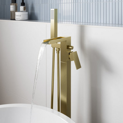 Topshower Brushed Gold Freestanding Bathtub Faucet – Floor Mount Tub Filler With Hand Shower & Rain Head