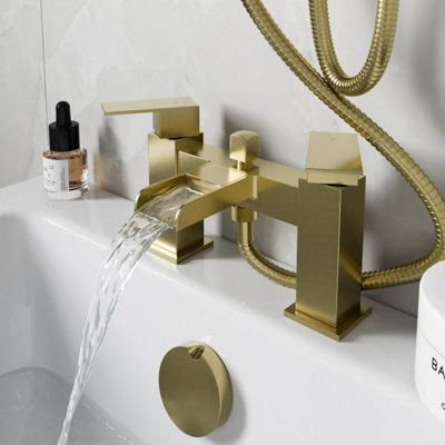 Affine Brushed Brass Waterfall Bath Tap Square Twin Handle No Shower ...