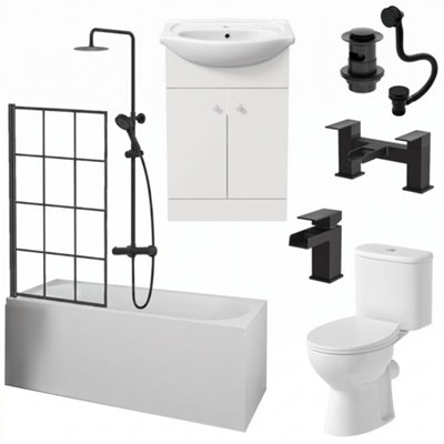 Affine Complete Bathroom Suite Black Bath Shower Screen Basin Vanity ...
