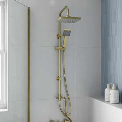 Brushed Gold Rain Shower Set - 8 Inch Square Shower Head With Valve & Arm, Luxury Bathroom