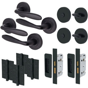 AFIT - 2 Matt Black Bathroom Door Handle Sets Internal Door Handles 64mm Locks 76mm Hinges Santeau Range