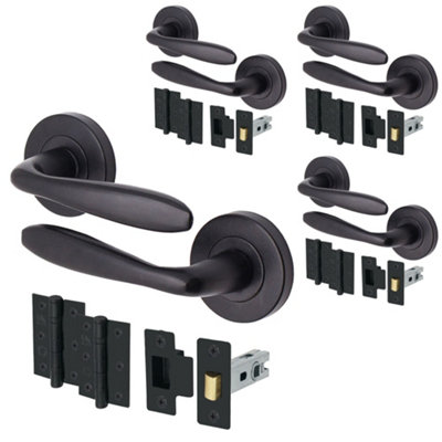 AFIT - 4 Matt Black Door Handle Sets Internal Door Handles 64mm Latches 76mm Hinges Santeau Range