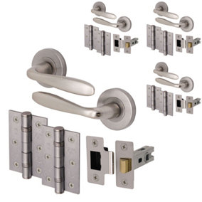 AFIT 4 Satin Nickel Door Handle Sets - Internal Door Handles, 66mm Latches, 76mm Hinges - Santeau Range