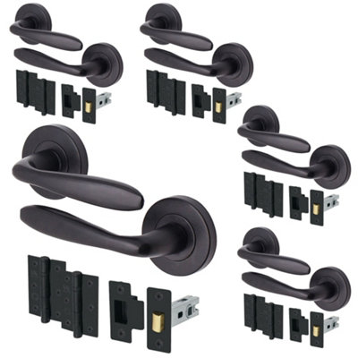 AFIT - 5 Matt Black Door Handle Sets Internal Door Handles 64mm Latches 76mm Hinges Santeau Range