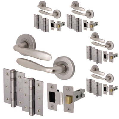 AFIT 5 Satin Nickel Door Handle Sets - Internal Door Handles, 64mm Latches, 76mm Hinges - Santeau Range