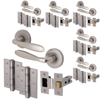 AFIT 6 Satin Nickel Door Handle Sets - Internal Door Handles, 64mm Latches, 76mm Hinges - Santeau Range