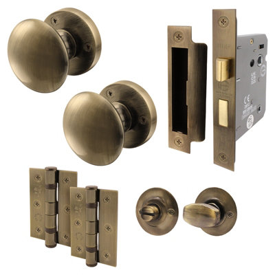 AFIT Antique Brass Bathroom Door Knob Set - 1 Pair of Victorian Mortice Knobs (55mm), Lock (80mm) & Hinges (76mm)