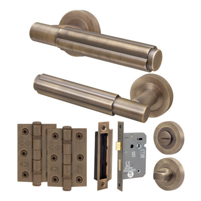 AFIT Antique Brass Door Handle Bathroom Set, Internal Door Handle with 64mm Bathroom Lock and 76mm Hinges, Fleur 1 Pack