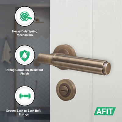 AFIT Antique Brass Door Handle Bathroom Set, Internal Door Handle with 64mm Bathroom Lock and 76mm Hinges, Fleur 1 Pack