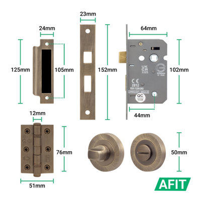 AFIT Antique Brass Door Handle Bathroom Set, Internal Door Handle with 64mm Bathroom Lock and 76mm Hinges, Fleur 1 Pack