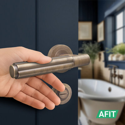 AFIT Antique Brass Door Handle Bathroom Set, Internal Door Handle with 64mm Bathroom Lock and 76mm Hinges, Fleur 1 Pack