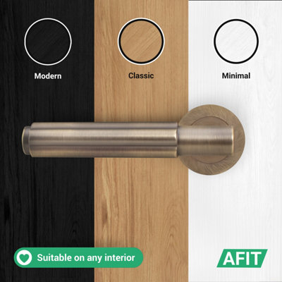 AFIT Antique Brass Door Handle Bathroom Set, Internal Door Handle with 64mm Bathroom Lock and 76mm Hinges, Fleur 1 Pack