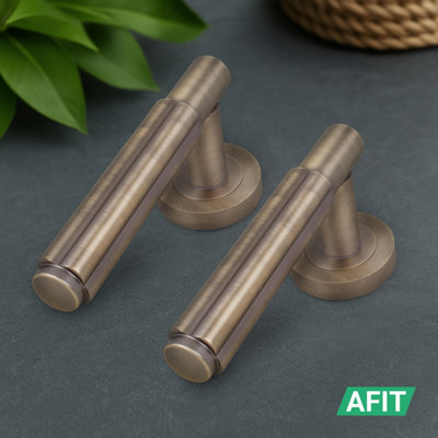 AFIT Antique Brass Door Handle Bathroom Set, Internal Door Handle with 64mm Bathroom Lock and 76mm Hinges, Fleur 1 Pack