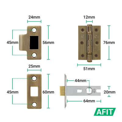 AFIT Antique Brass Door Handle Latch Set, Internal Door Handle with 64mm Latch and 76mm Hinges, Linea 4 Pack