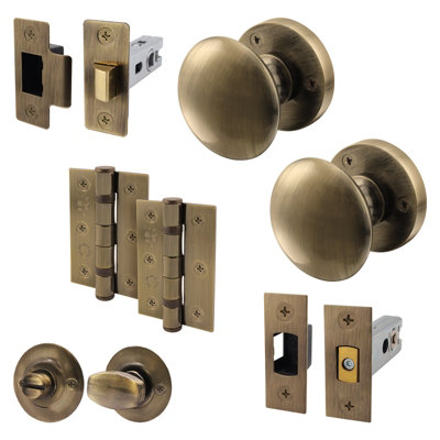 AFIT Antique Brass Door Knob Set - 1 Pair of Knobs (55mm), Latch & Deadbolt (76mm), Hinges (76mm) & Turn & Release