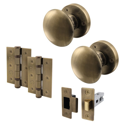 AFIT Antique Brass Door Knob Set - 1 Pair of Victorian Mortice Knobs (55mm), Latch (76mm) & Hinges (76mm)