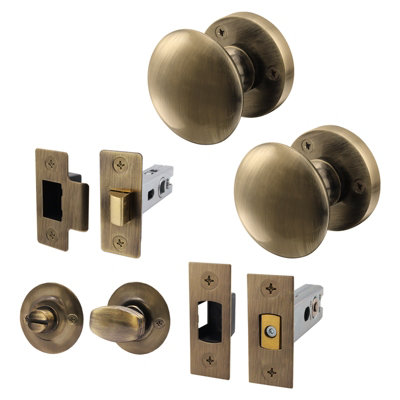 AFIT Antique Brass Door Knob Set - 1 Pair of Victorian Mortice Knobs (55mm), Latch & Deadbolt Kit 76mm, Turn & Release