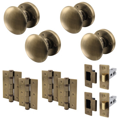 AFIT Antique Brass Door Knob Set - 2 Pairs of Victorian Mortice Knobs (55mm), Latch (76mm) & Hinges (76mm)