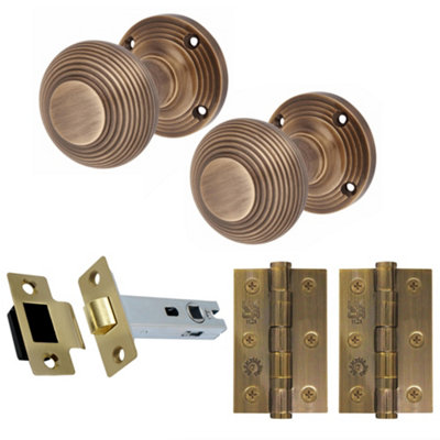 AFIT Antique Brass Door Knobs Reeded Beehive Design Latch Kit 78mm Latch 76mm Hinges 55mm Sprung Knobs Price Comparisons | Compare The Build