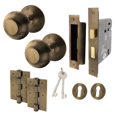 AFIT Antique Brass Door Knobs Reeded Beehive Design Lock Kit 80mm Sashlock 76mm Hinges 2 escutcheons 55mm Sprung Knobs Price Comparisons | Compare The Build