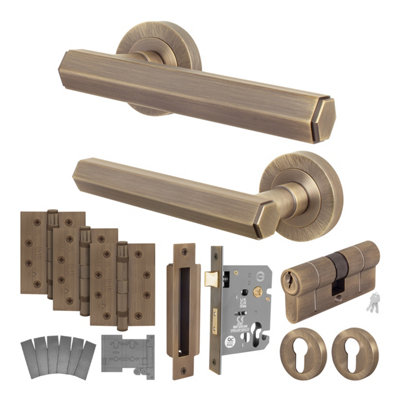 AFIT Antique Brass Fire Door Handle Euro Lock and Double Cylinder Set ...