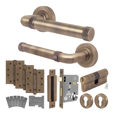 AFIT Antique Brass Fire Door Handle Euro Lock and Double Cylinder Set ...