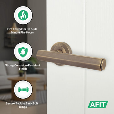 AFIT Antique Brass Fire Door Handle, Internal Lever on Rose Fire Rated ...