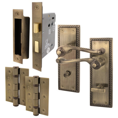 AFIT Antique Brass Georgian Bathroom Door Handle Set - Internal Door Handles, Lock (64mm) & Hinges (76mm)