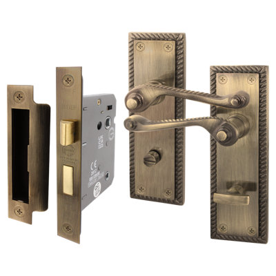 AFIT Antique Brass Georgian Bathroom Door Handle Set - Internal Door Handles & Lock (64mm)