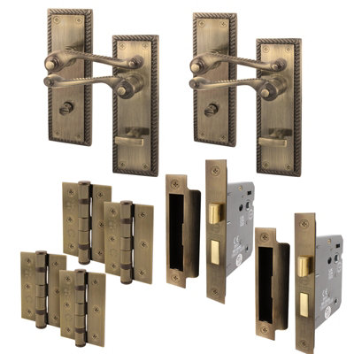 AFIT Antique Brass Georgian Bathroom Door Handle Set - Pack 2 - Internal Door Handles, Lock (64mm) & Hinges (76mm)