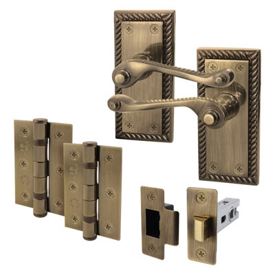 AFIT Antique Brass Georgian Scroll Door Handle Latch Set - Internal Door Handles, Latch (64mm) & Hinges (76mm)