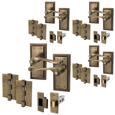 AFIT Antique Brass Georgian Scroll Door Handle Latch Set - Pack 4 - Internal Door Handles, Latch (64mm) & Hinges (76mm)