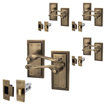 AFIT Antique Brass Georgian Scroll Door Handle Latch Set - Pack 4 - Internal Door Handles & Latch (64mm)