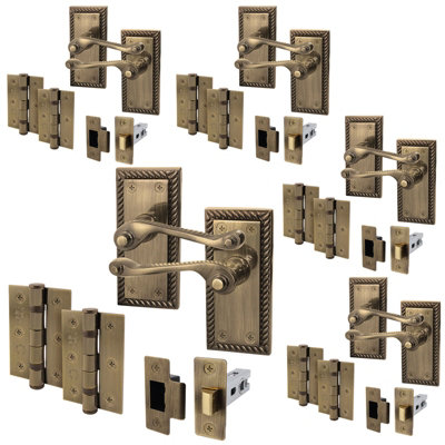 AFIT Antique Brass Georgian Scroll Door Handle Latch Set - Pack 5 - Internal Door Handles, Latch (64mm) & Hinges (76mm)