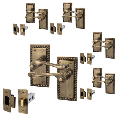 AFIT Antique Brass Georgian Scroll Door Handle Latch Set - Pack 5 - Internal Door Handles & Latch (64mm)