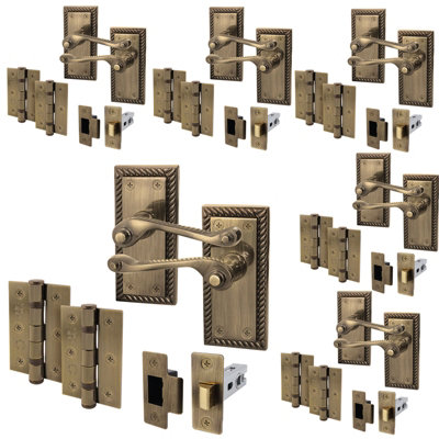AFIT Antique Brass Georgian Scroll Door Handle Latch Set - Pack 6 - Internal Door Handles, Latch (64mm) & Hinges (76mm)