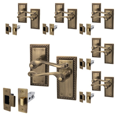 AFIT Antique Brass Georgian Scroll Door Handle Latch Set - Pack 6 - Internal Door Handles & Latch (64mm)