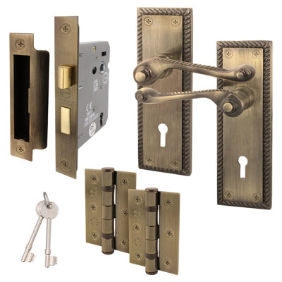 AFIT Antique Brass Georgian Scroll Door Handle Lock Set - Internal Door Handles, Lock (64mm) & Hinges (76mm)
