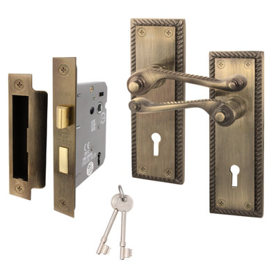 AFIT Antique Brass Georgian Scroll Door Handle Lock Set - Internal Door Handles & Lock (64mm)