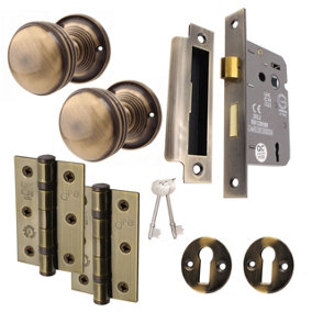 AFIT Antique Brass Lined Door Knob Kit - Lock 80mm
