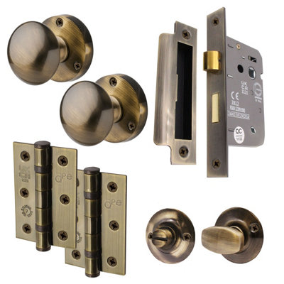 AFIT Antique Brass Round Mortice Door Knob and Bathroom Lock Kit 80mm