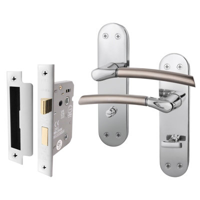 AFIT Bathroom Door Handle Set - Duo Finish - 1 Pair Satin Nickel & Polished Chrome Lever Handles with Lock (64mm)
