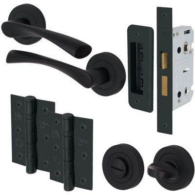 AFIT Bathroom Door Handles Twist Lever Matt Black With 64mm Bathroom Lock & 76mm Hinges - Novi Range Price Comparisons | Compare The Build