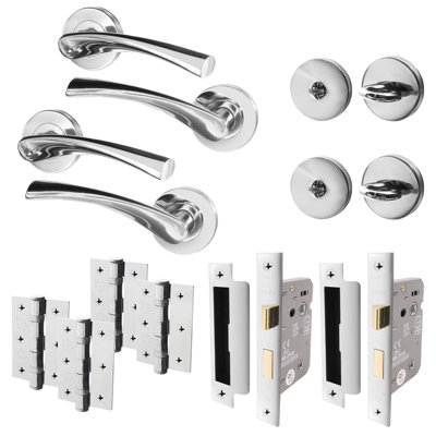 AFIT Bathroom Door Handles Twist Lever Polished Chrome PACK OF 2 With 64mm Bathroom Lock & 76mm Hinges - Novi Range