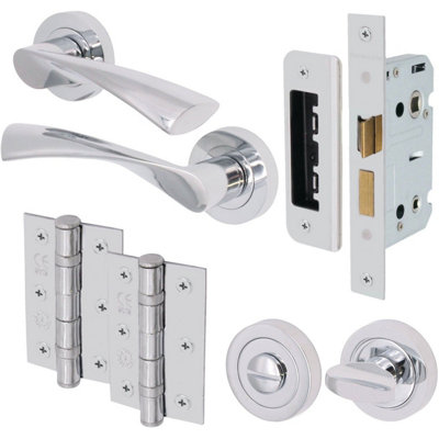 AFIT Bathroom Door Handles Twist Lever Polished Chrome With 64mm Bathroom Lock & 76mm Hinges - Novi Range Price Comparisons | Compare The Build
